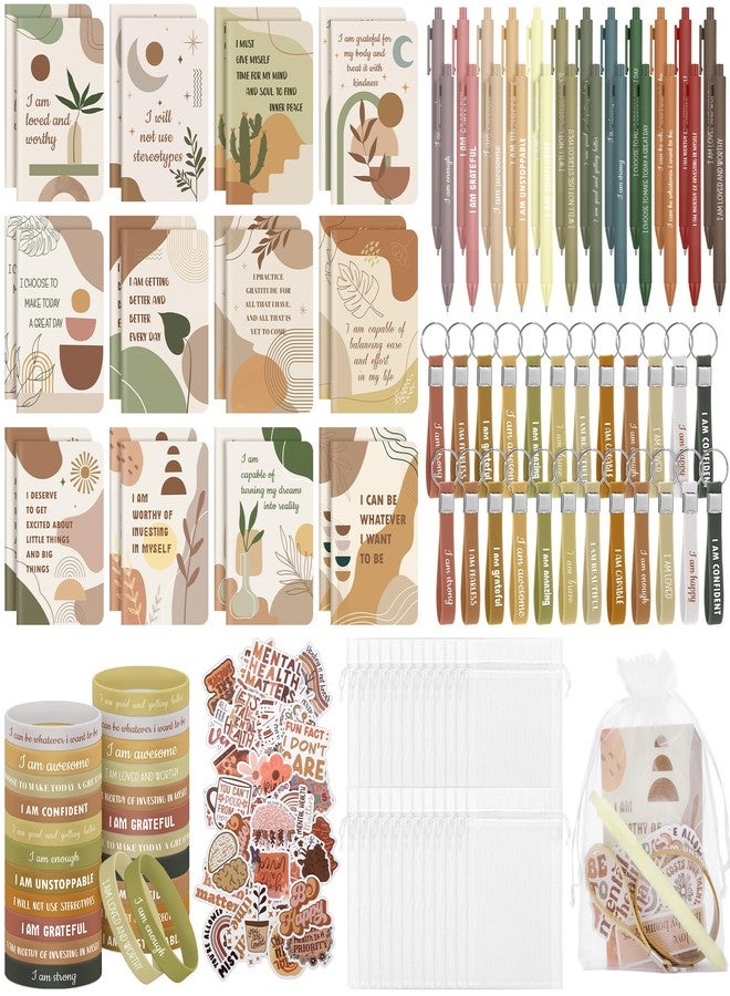 Aodaer 170 Pieces Positive Affirmation Gifts Set Motivational Quote Notebooks with Inspirational Pens Silicone Bracelets Keychains Stickers Organza Bags for School Office Party Favor Supply, Bohemia - Image 1